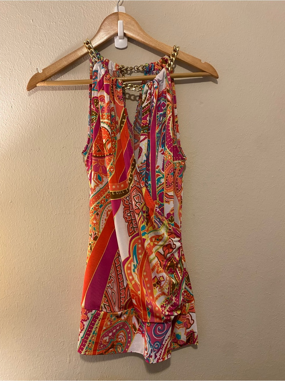 Womenโs Cachโe Y2K Colorful Paisley Halter Tunic /Mini Dress SzM With Gold Chaim